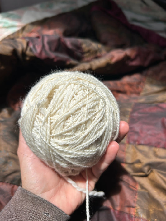 Silky Jack’s 2 ply undyed Rambouillet—2 and 4 ounce balls